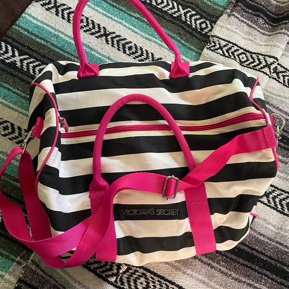 VICTORIAS SECRETS BLACK AND WHITE STRIPED BAG WITH PINK ACCENTS - Picture 3 of 5
